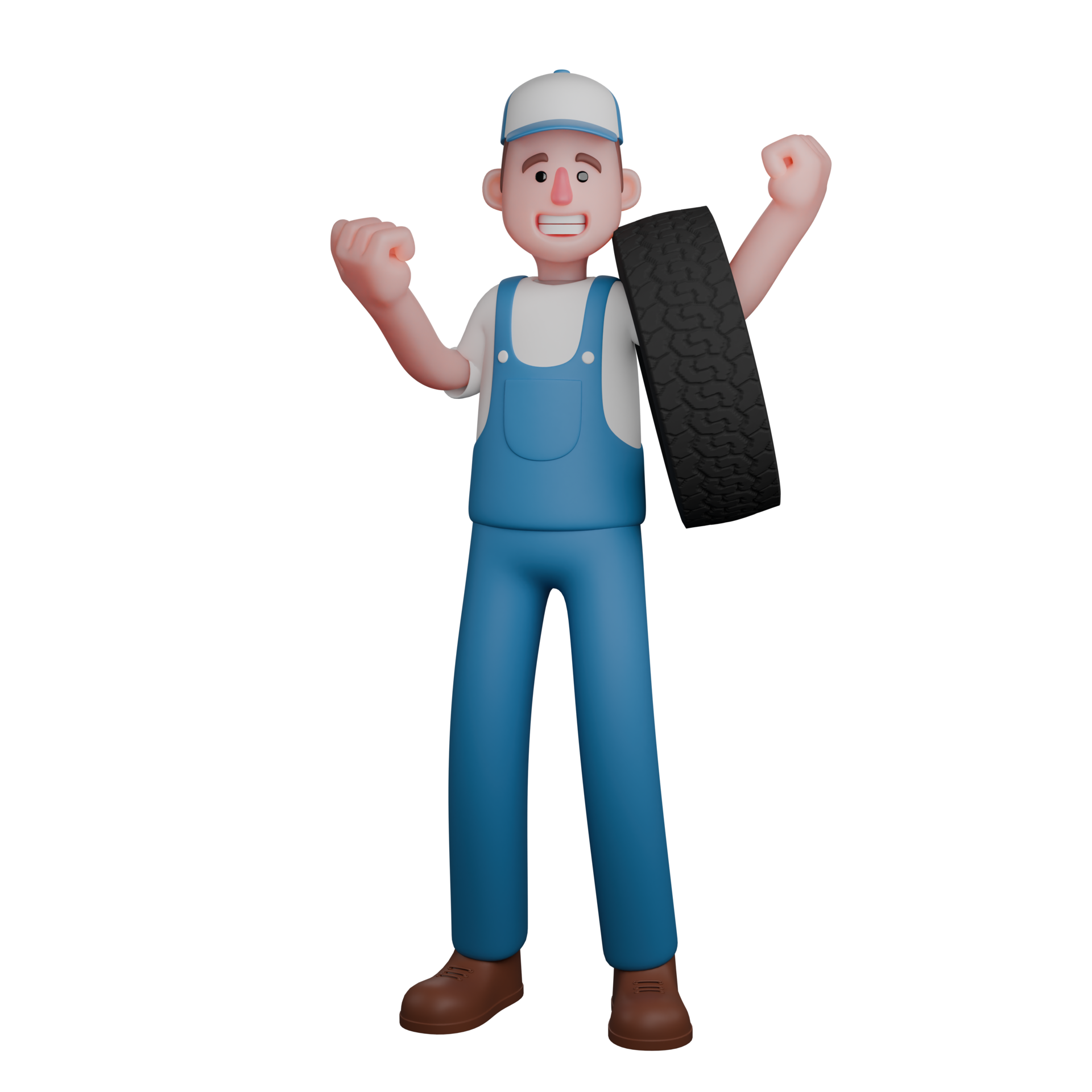 Mechanic's Daily Routine in 3D. A mechanic stands with both arms raised