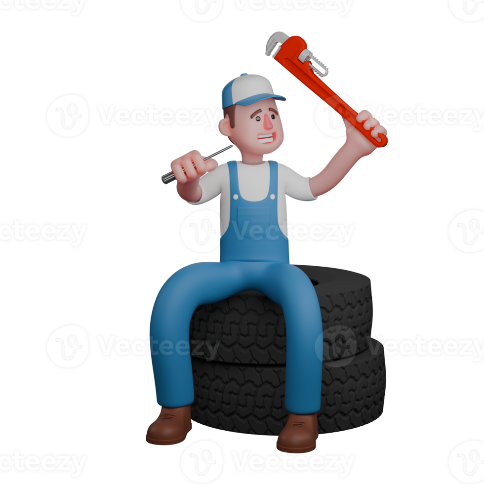 Male Mechanic in Auto Setting. A mechanic sits on a pile of wheels with his right hand holding a screwdriver while his left hand holds the crank.3D Character png
