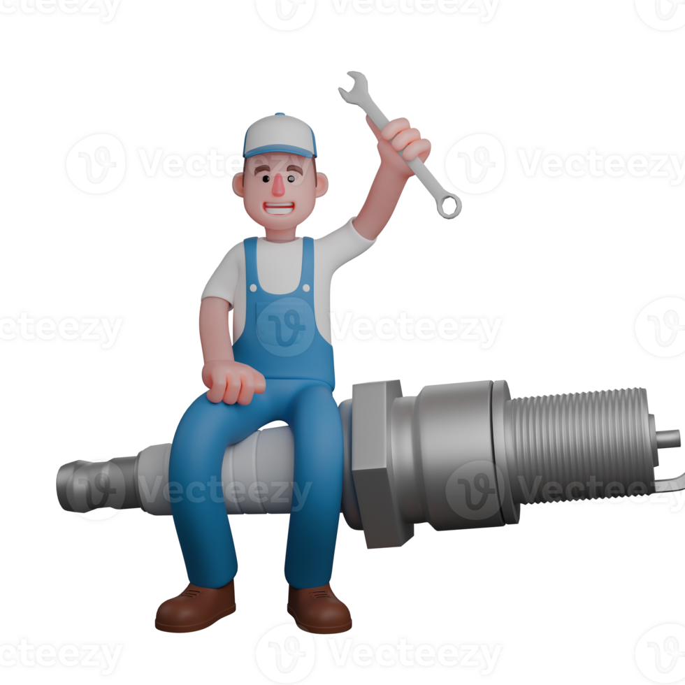 Male Automotive 3D Animation. A mechanic is sitting on a large spark plug with his left hand raised while carrying a small crank. Mechanic png