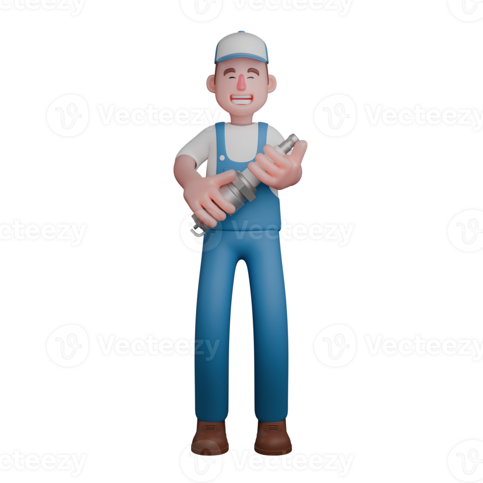 3D Male Mechanic. A mechanic is standing with both hands holding a spark plug. Professional Automotive Character png