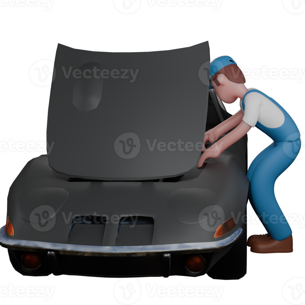 Male Technical Mechanic 3D. A mechanic is squatting while repairing a car. Professional png