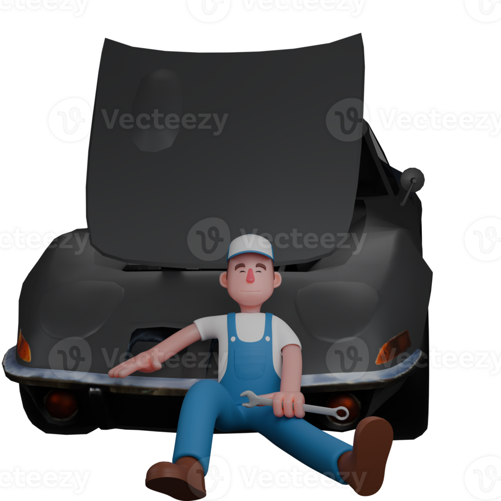 3D Male Mechanic Character. A mechanic is sitting leaning against a car. Automotive Professional png