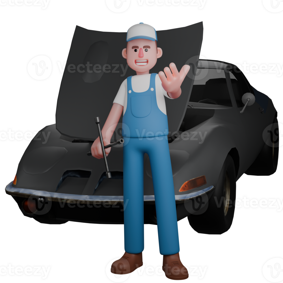 Professional 3D Mechanic. A mechanic stands in front of a car with his right hand carrying a 4-pole crank. Male Auto Expert png