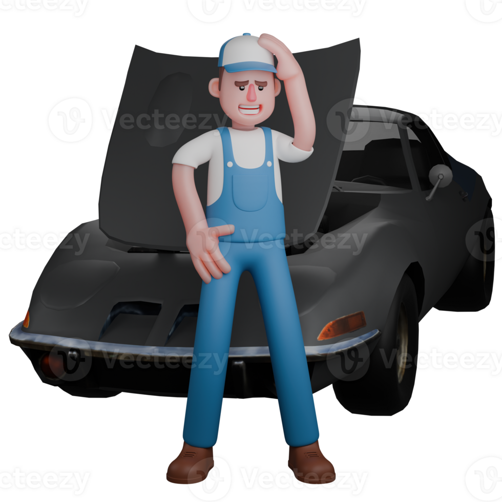 Animated Professional Mechanic. A mechanic stands in front of a car with his right hand on his waist and his left hand on his head. 3D Male png