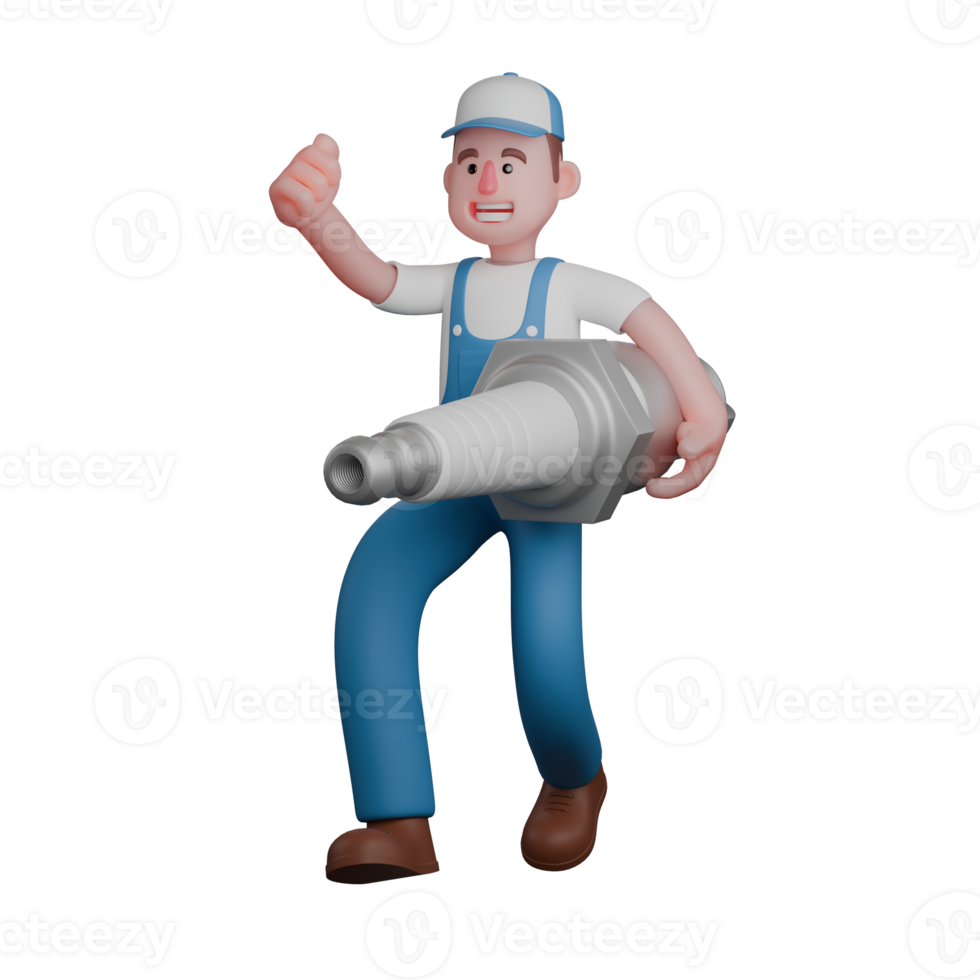 Male Mechanic 3D A mechanic is walking with his left hand while carrying a large spark plug. Professional png