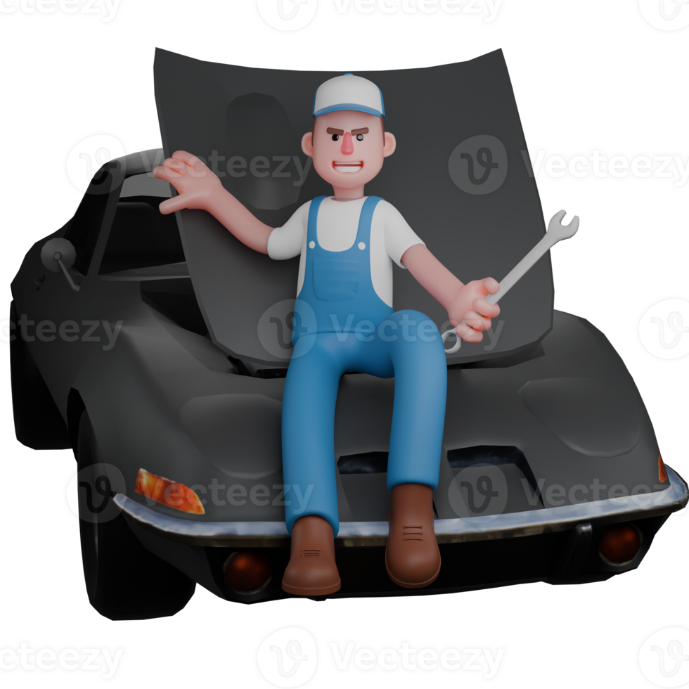 3D Professional in Automotive. A mechanic is sitting leaning against a car with his left hand carrying a small crank. Male Mechanic png