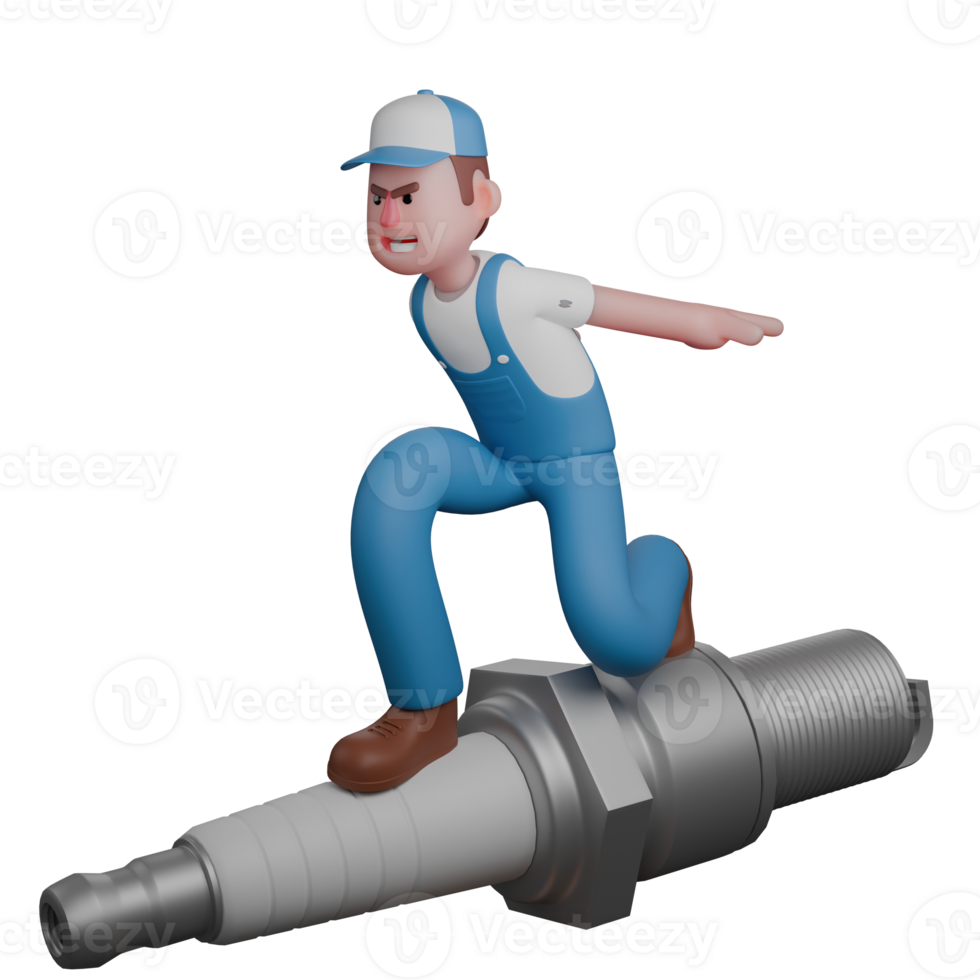of Male Automotive Professional. A mechanic is riding a large spark plug like surfing with both hands behind him. 3D Mechanic png