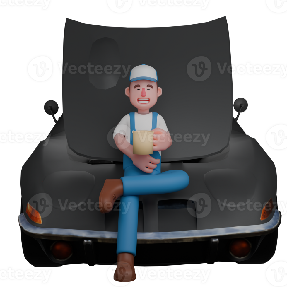 Professional Male Mechanic. A mechanic is sitting relaxed in front of a car with his left hand holding a glass. 3D Automotive png