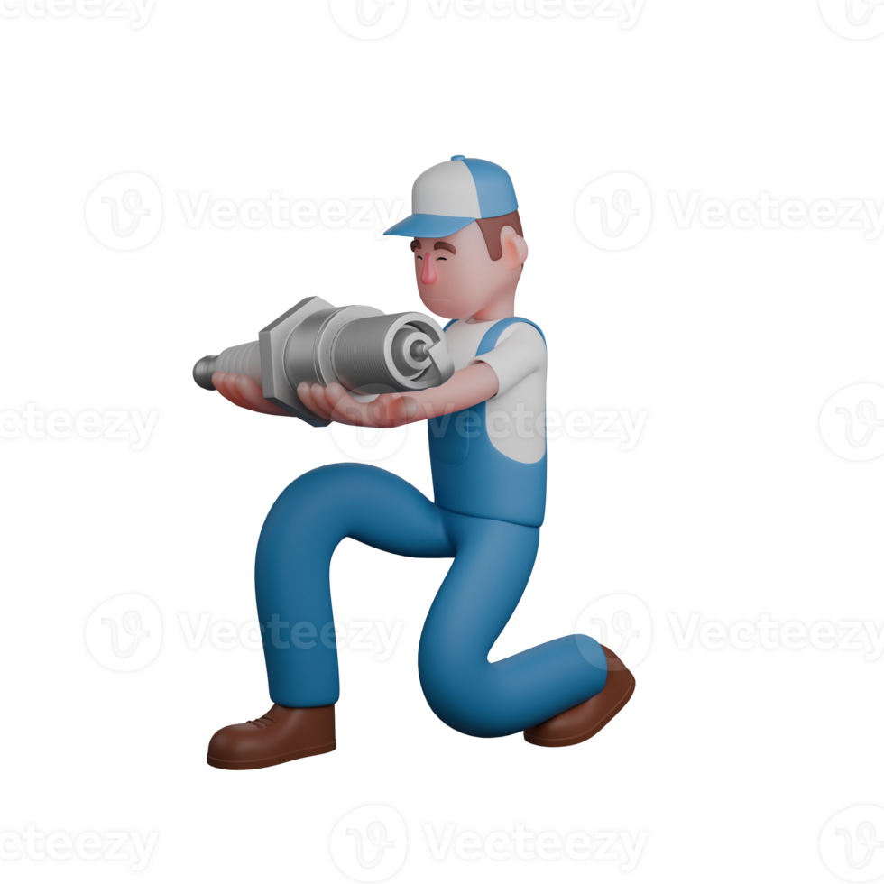 3D Illustrative Male Mechanic. A mechanic is kneeling as if handing a large spark plug. Automotive Professional png
