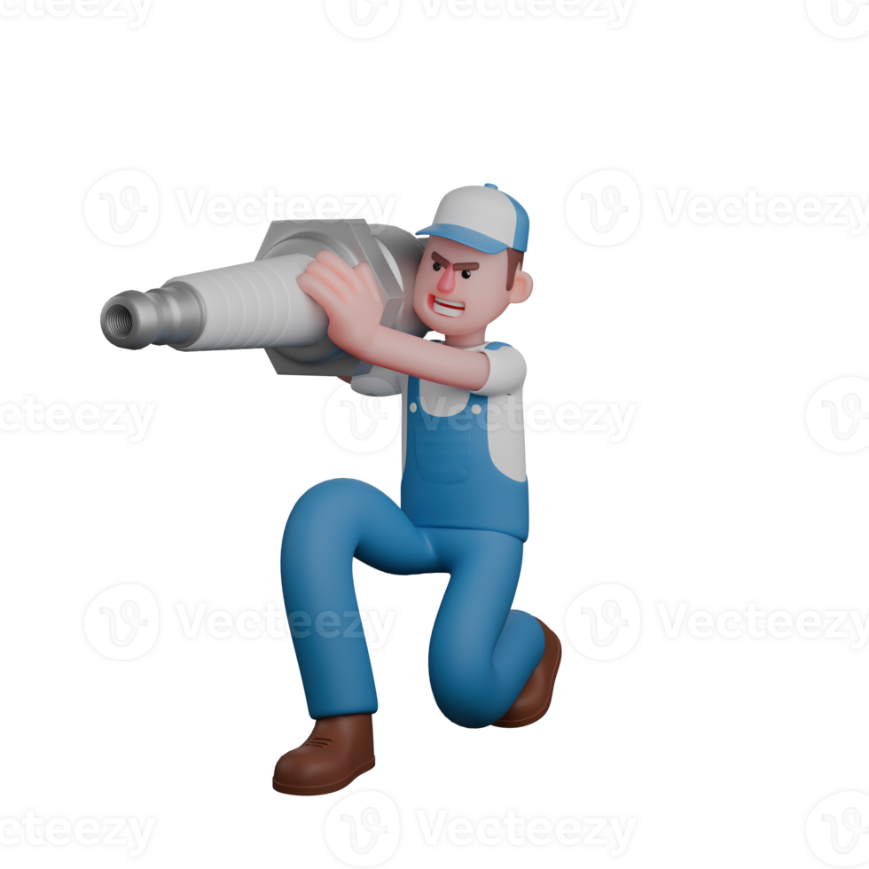 Professional 3D Male Mechanic. A mechanic is squatting while carrying a large spark plug on his right shoulder. Automotive Character png
