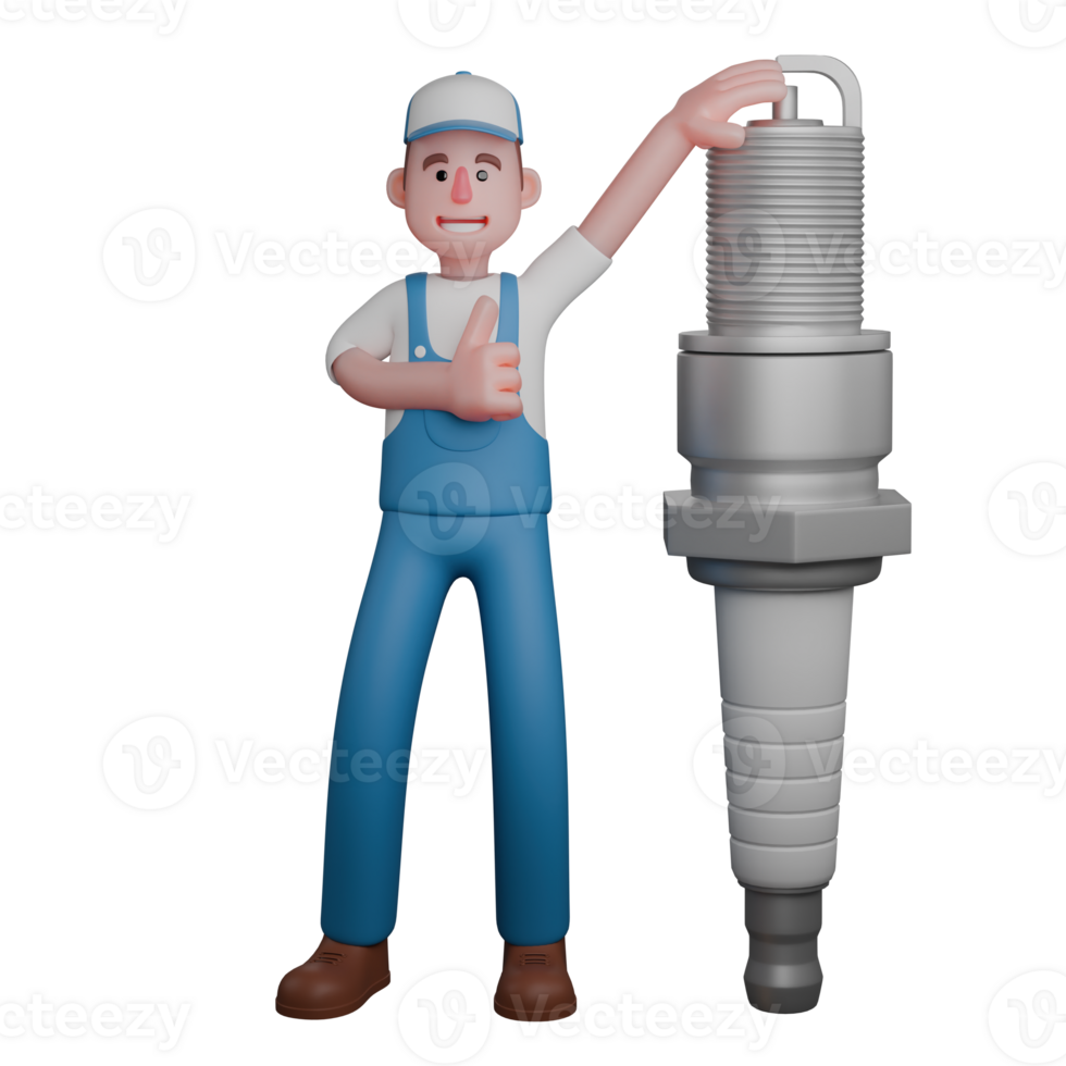 3D Male Mechanic in Workshop. A mechanic is standing while holding a large spark plug with his left hand. Cartoon png