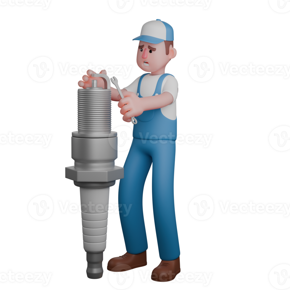 3D Cartoon of Male Mechanic. A mechanic is standing while repairing a large spark plug. Professional png