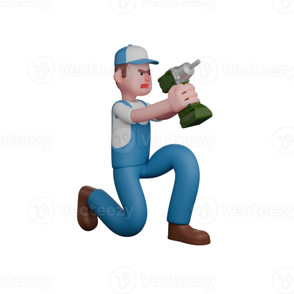 Male Mechanic in 3D. A mechanic is kneeling with both hands holding a drill as if shooting. Professional png
