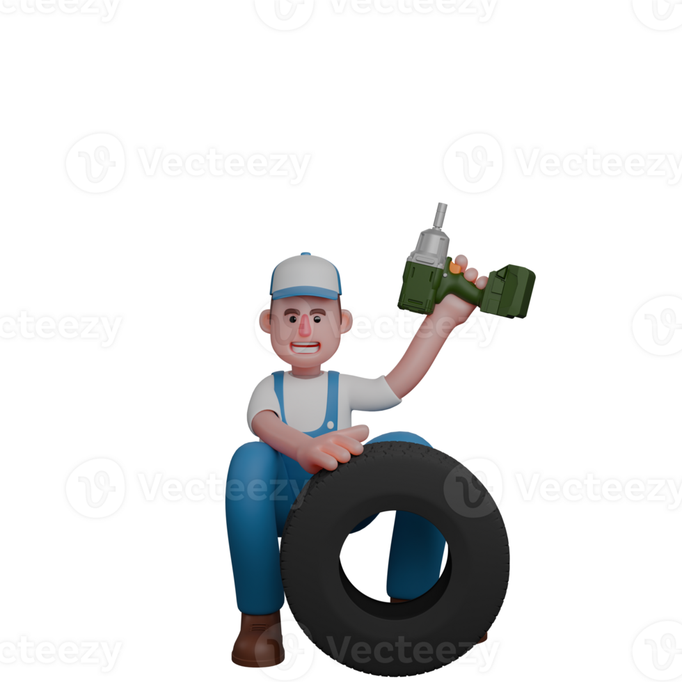 Cartoon Professional Mechanic. A mechanic is crouching behind a tire while his left hand is holding a drill. 3D Male png