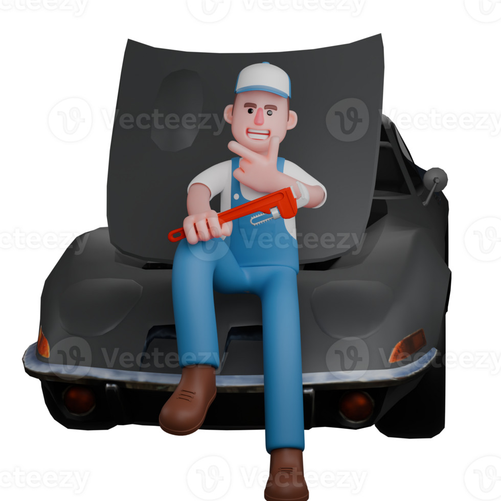 3D Male Mechanic in Garage. a mechanic is sitting with his hands right hand carrying a large crank while the left hand is on the chin. Professional Character png