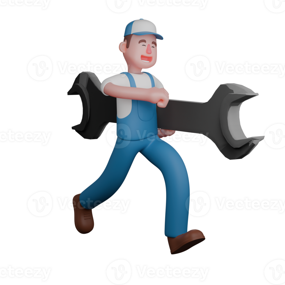 3D Model of Professional Male Mechanic. A cheerful mechanic in a blue uniform, running while holding a giant wrench. Cartoon png