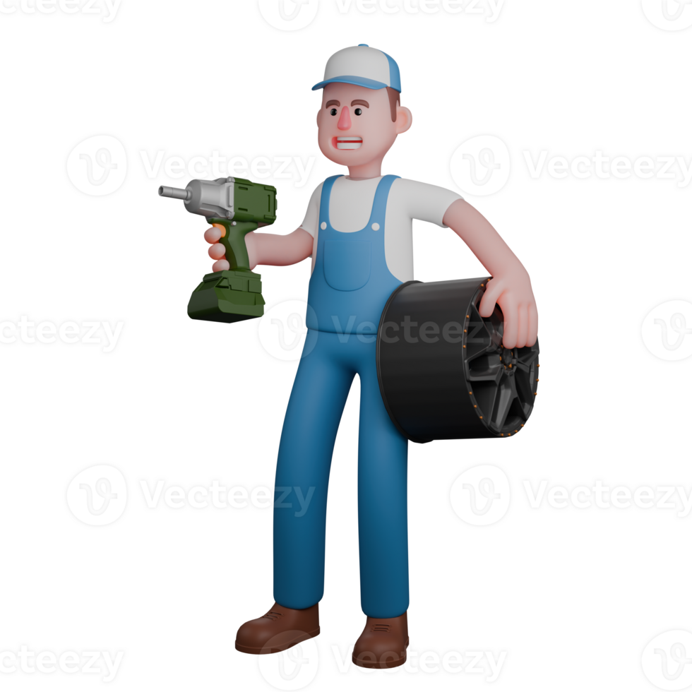 Male Mechanic Professional Character. A mechanic is standing with his right hand holding a drill while his left hand is holding a car rim. png