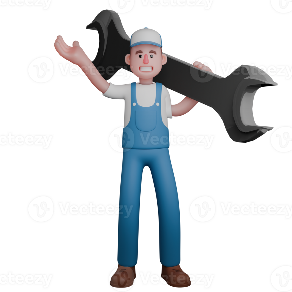Technical Male Mechanic. A mechanic is standing with a large crank on his left shoulder. 3D Professional Character png
