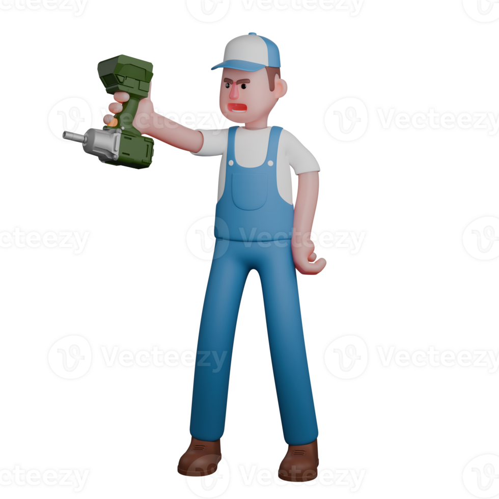 Professional 3D Technical. A mechanic is standing with his left hand on his waist while his right hand is holding a drill. Male png