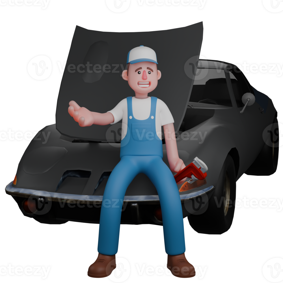 3D Automotive Practitioner. A mechanic sits in front of a car with his left hand holding a pipe wrench. Male Mechanic png