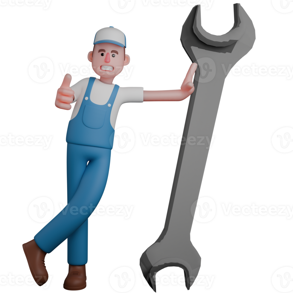 Technical Professional Male. A confident mechanic in a blue uniform, leaning against a giant wrench while giving a thumbs-up gesture. 3D Mechanic Cartoon png