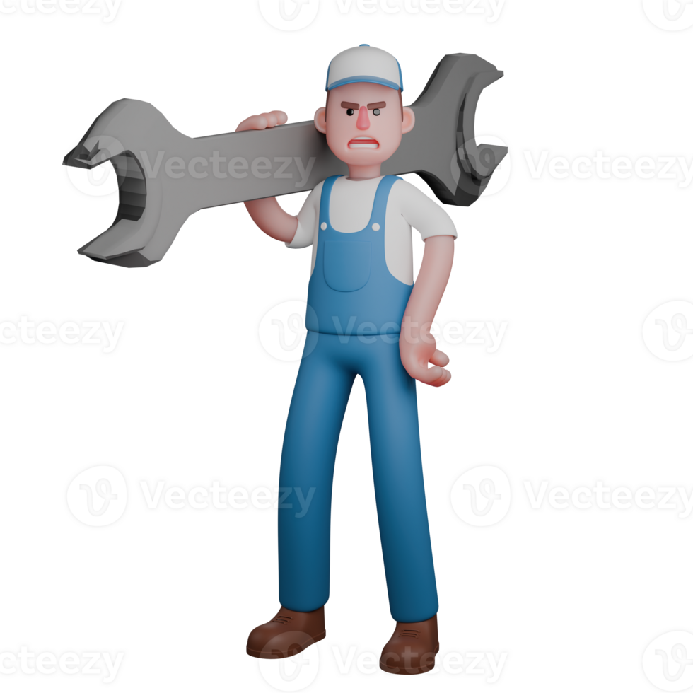 3D Male Mechanic in Professional Role. A mechanic is standing with a large crank on his right shoulder while his left hand is on his waist. Technical Cartoon png