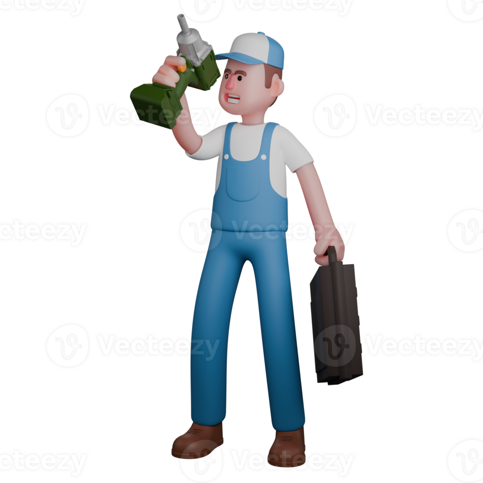 3D Technical Enforcement Male Mechanic. A mechanic is standing with his right hand up holding a drill while his left hand is holding a tool case. Professional png