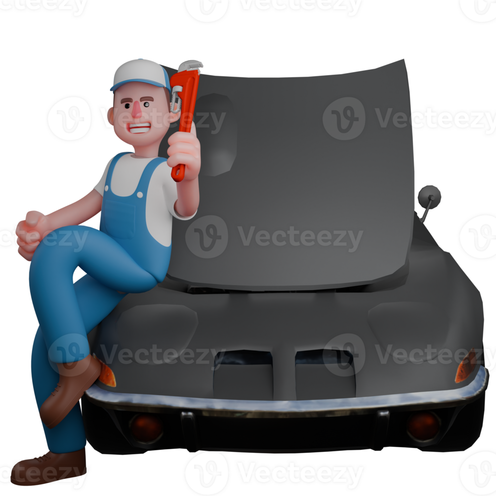 Illustrated Automotive Expert. A mechanic is sitting in front of a car with his left hand carrying a large crank. 3D Male Mechanic png