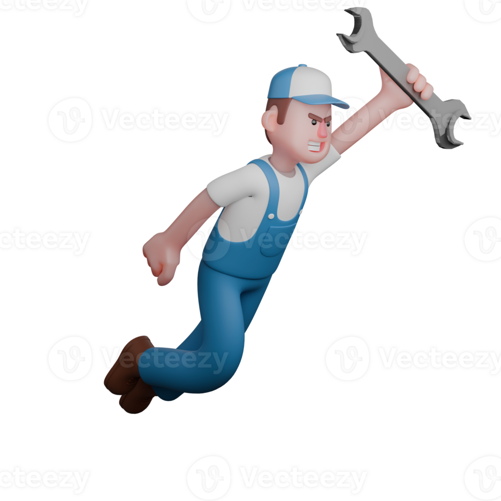 Male Mechanic in Technical 3D. A spirited mechanic in a blue uniform, jumping with a large wrench raised high in his hand. Professional png
