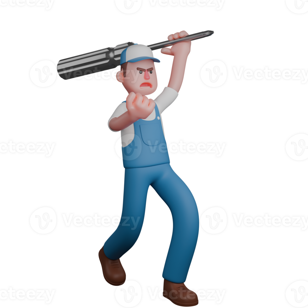 Technical A mechanic is running with his left hand carrying a large screwdriver while his right hand is clenched into a fist. 3D Male Mechanic png