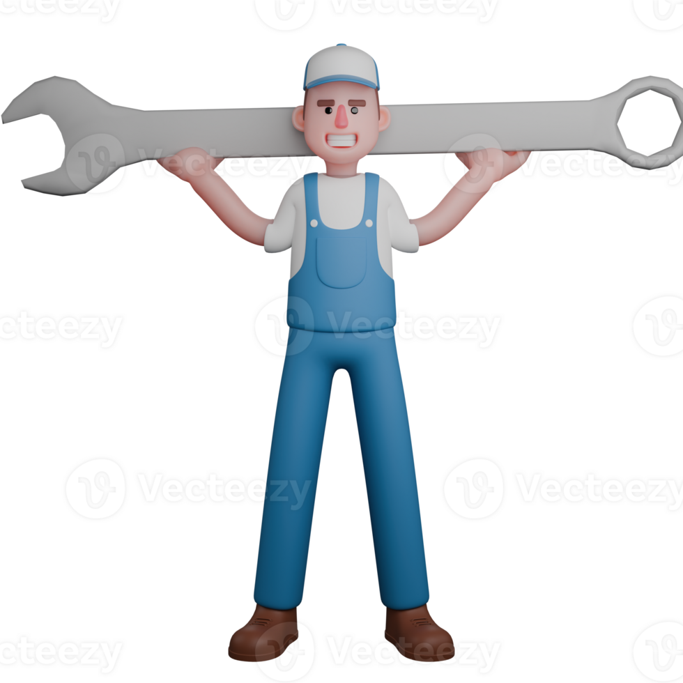 3D Mechanic Male in Professional Setting. A mechanic is standing with both hands carrying a large crank. Cartoon png