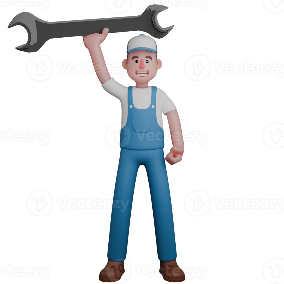 3D Male Mechanic Character in Action. A mechanic with a big smile, wearing a blue uniform, lifting a large wrench above his head with his right hand while clenching his left hand. Professional png