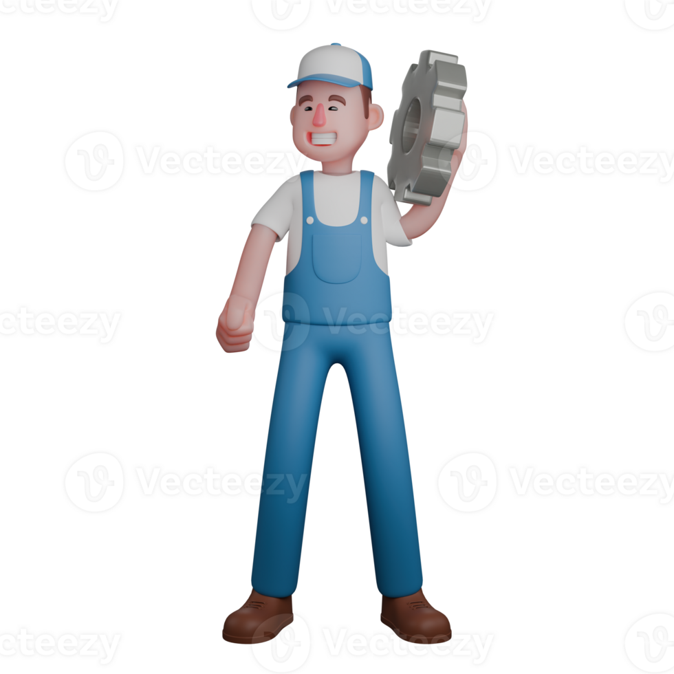 Mechanic in 3D. A mechanic is standing with his left hand lifting the gear. Male Professional png