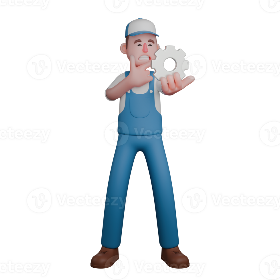 3D Male Mechanic in Action. A thoughtful mechanic in a blue uniform, holding a small gear in his right hand while placing his left hand on his chin, as if pondering. Professional Technical png