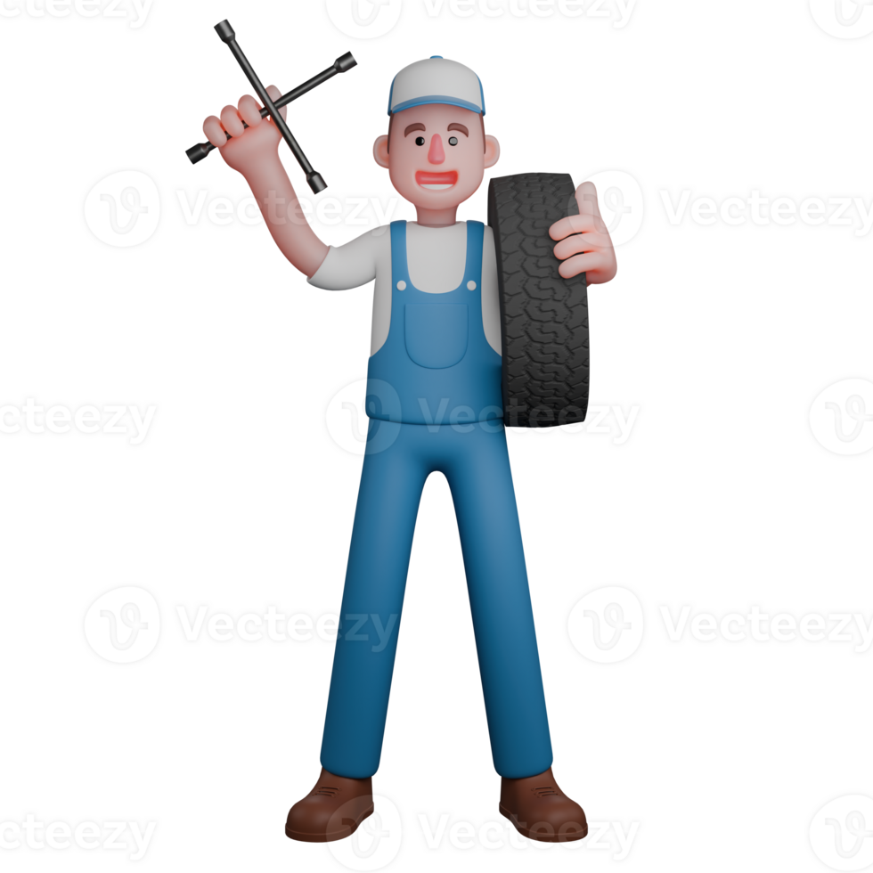 Professional Technical Male. A mechanic is standing with a car tire on his left arm while his right hand is raised upwards while holding a 4-pole crank. 3D Mechanic png
