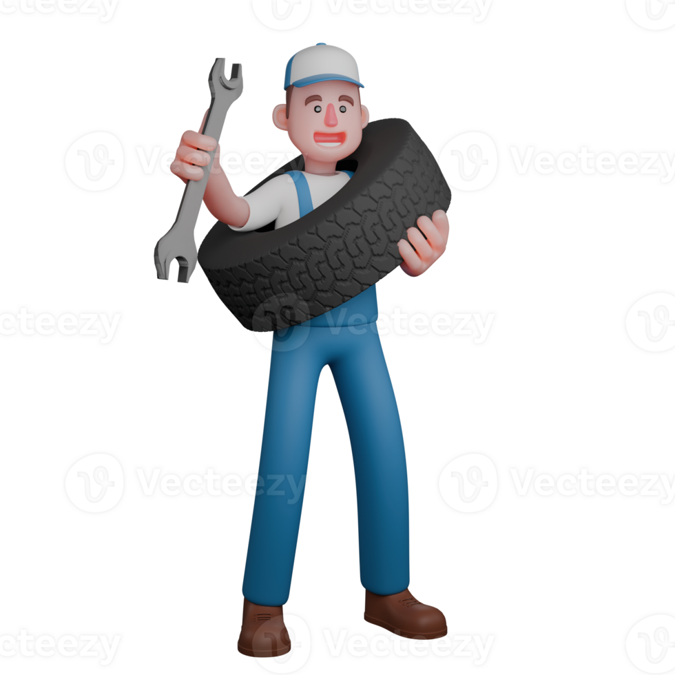 of 3D Male Mechanic. A mechanic is standing with a car tire slung over his shoulder while his right hand is carrying the crank. Professional Cartoon png