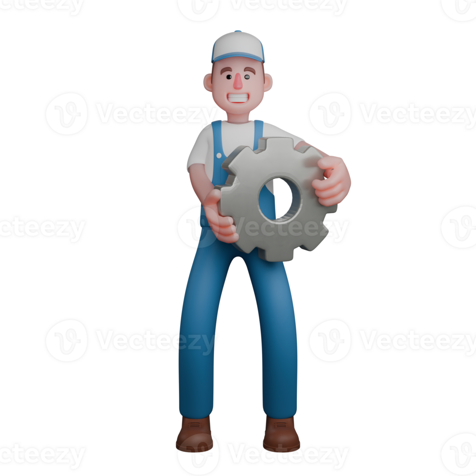 Professional Mechanic Character in 3D. A mechanic is standing with both hands holding a gear. Male png