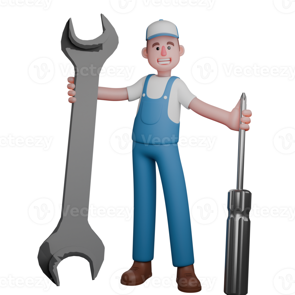Professional Male Technical Character. A cheerful mechanic in a blue uniform, holding a giant wrench in one hand and a large screwdriver in the other. 3D Mechanic png