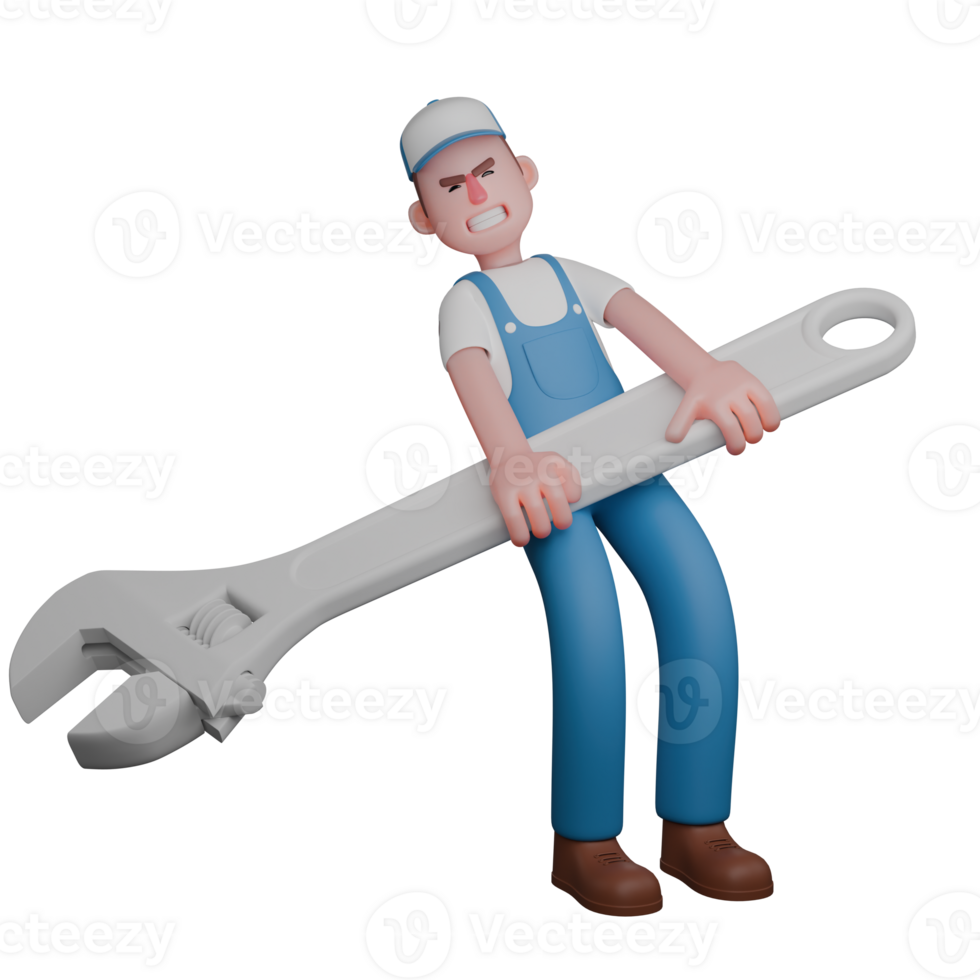 3D Male Mechanic Technical A mechanic is standing facing to the left with his body leaning backwards and both hands holding a large crank. Professional png