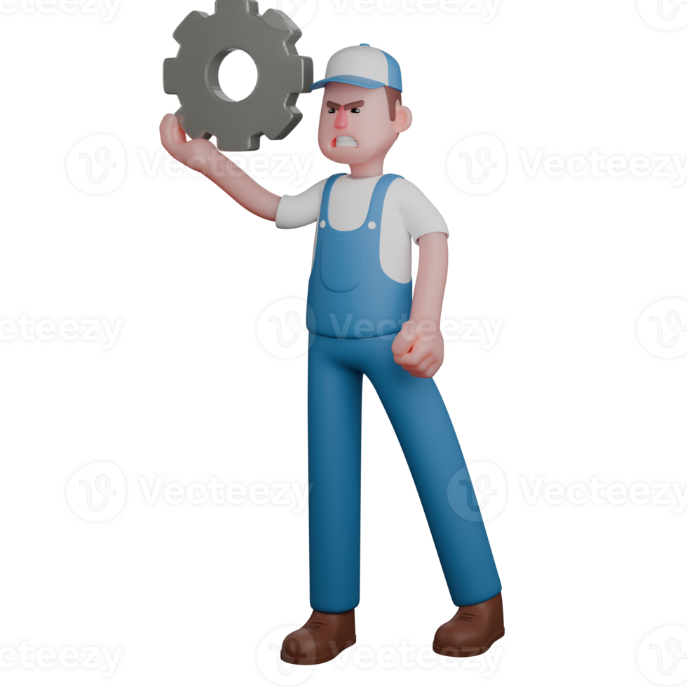 3D Male Technical Character. A mechanic is standing with his right hand lifting the gear up. Mechanic Professional png