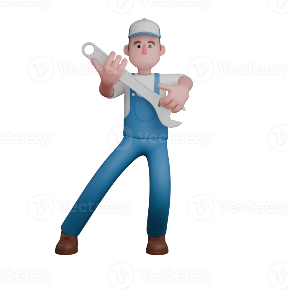 3D Professional Male Mechanic Character. A mechanic holding a large wrench with both hands in a position indicating readiness and caution. Technical png