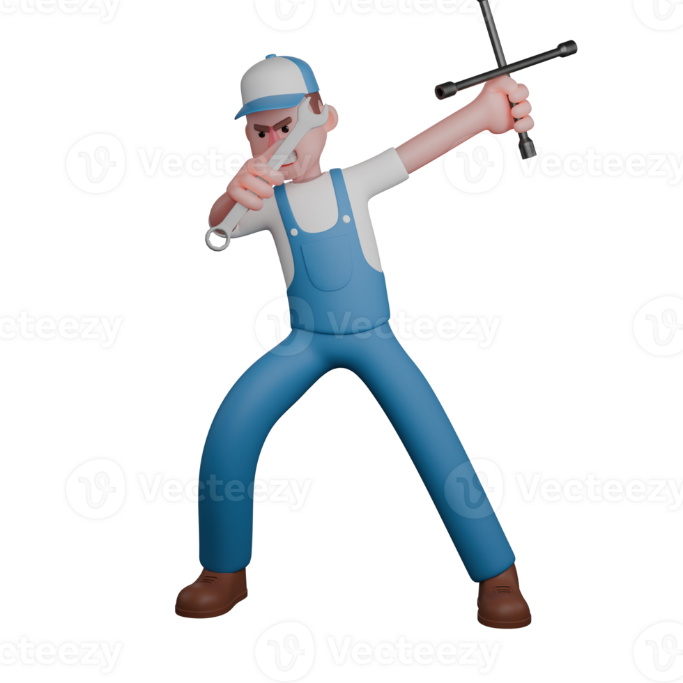 Professional Technical Mechanic in 3D. A mechanic stands with his left leg straight while his right leg is slightly bent and his left hand holds a 4 pole crank while his right hand holds a Man crank png
