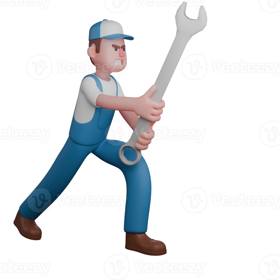 profissional 3d masculino técnico mecânico. uma mecânico é em pé voltado para para a esquerda, a posição do a esquerda pé é dentro frente e a certo pé é atrás enquanto ambos mão segurando uma ampla manivela png