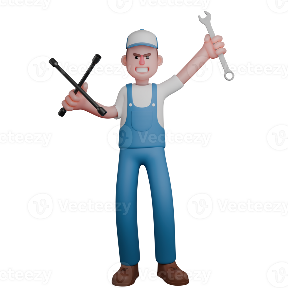 Male Mechanic 3D Professional. A mechanic is standing with his left hand raised upwards holding the crank and right hand holding a 4-pole crank. Technical Cartoon png