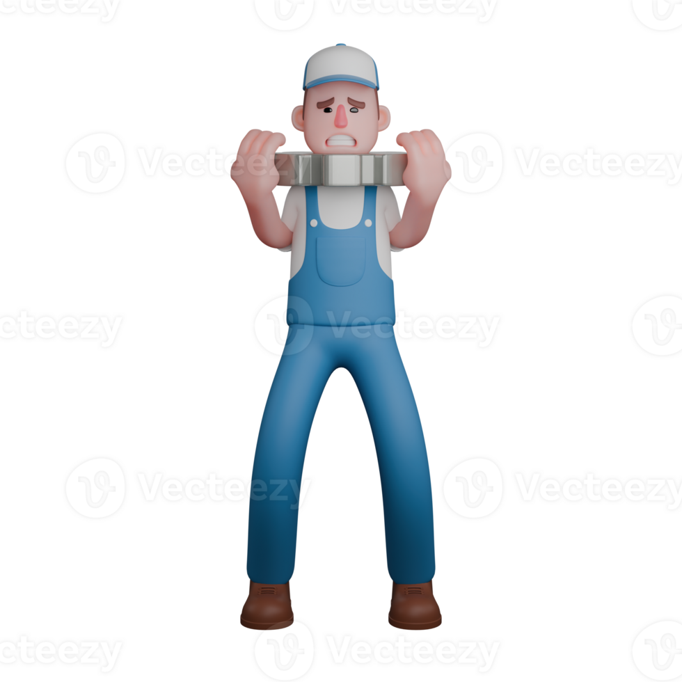 Professional Male Mechanic in 3D Animation. A mechanic is standing with both hands lifting the gear. Technical png