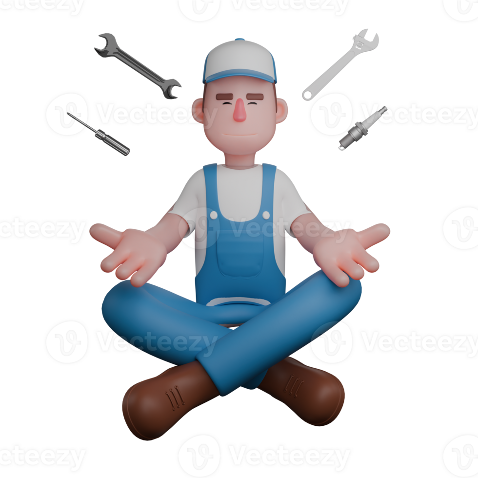 of Professional Male Mechanic. A mechanic in a blue uniform sits in a meditative position with eyes closed, while various repair tools like wrenches, screwdrivers, and spark plugs float around him png