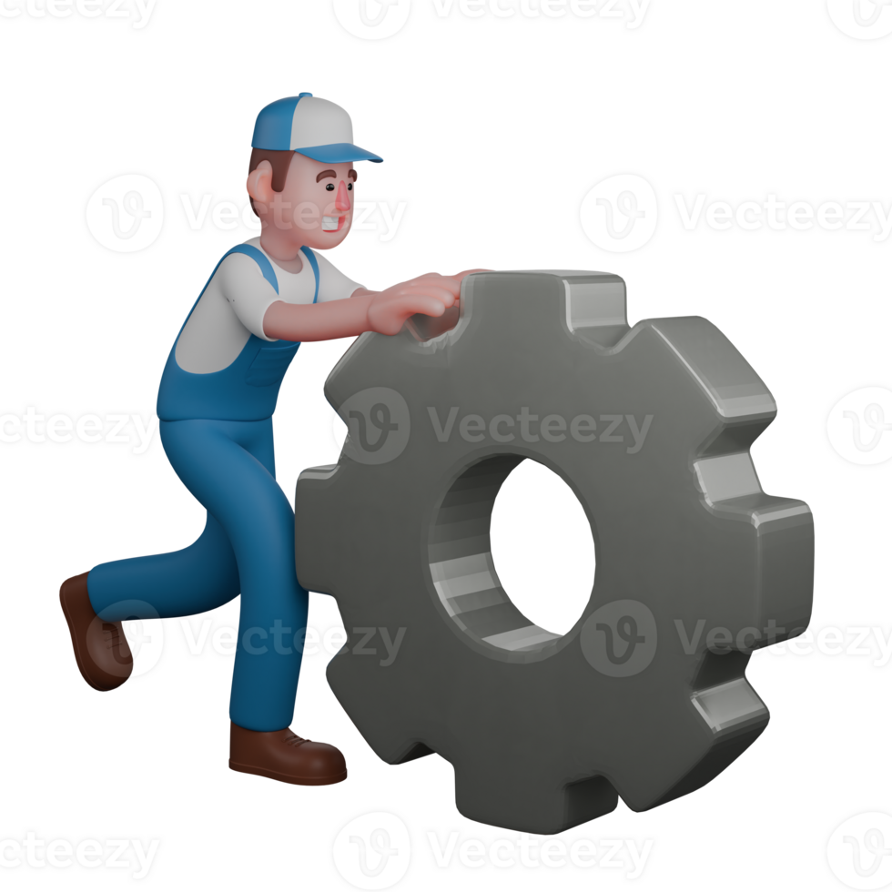 3D Technical Mechanic Male. A mechanic is pushing a large gear with both hands. Professional png