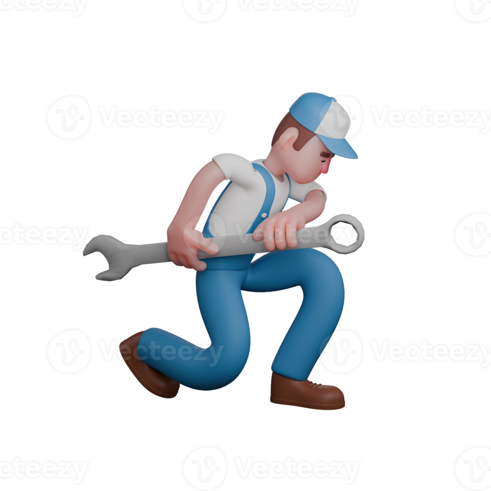 3D Male Mechanic in Technical Profession. A mechanic is kneeling facing to the left while both hands are holding the crank at his side right. Illustrated png