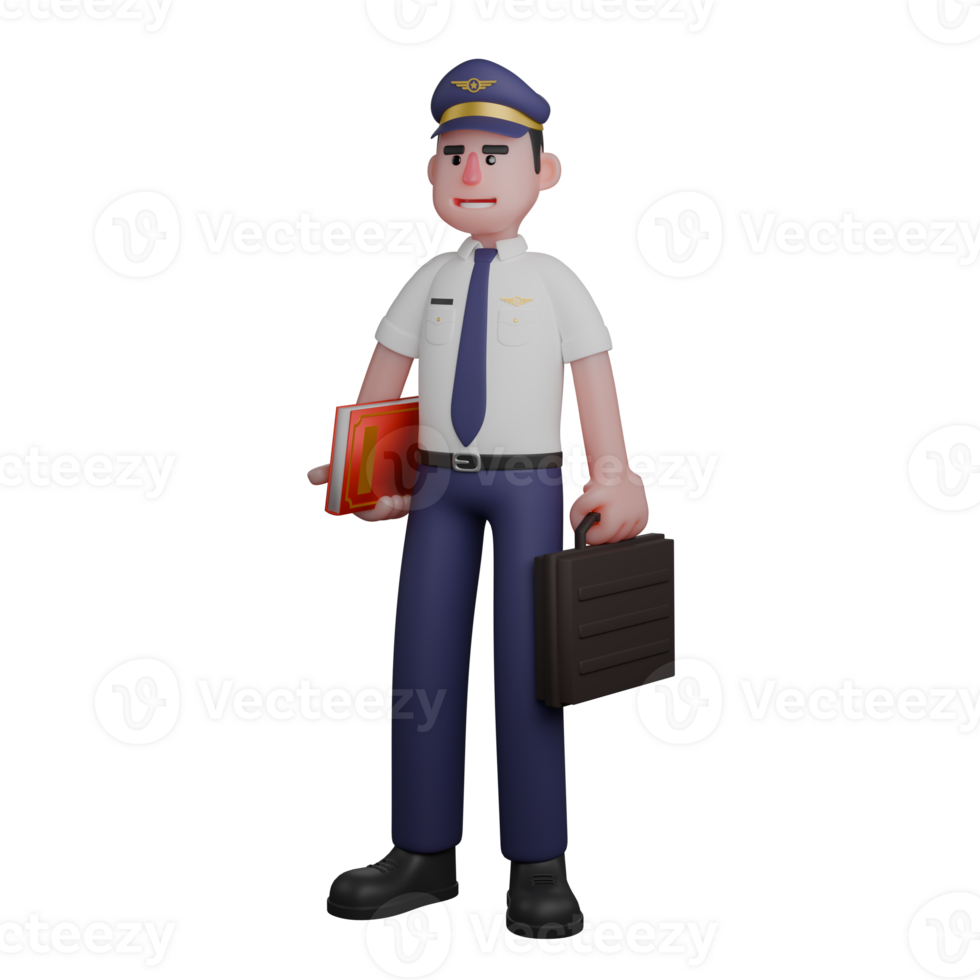 Pilot Character 3D. A pilot is standing with his right hand on his waist while carrying a book while his left hand is carrying a black bag. Illustrated Male Aviator png