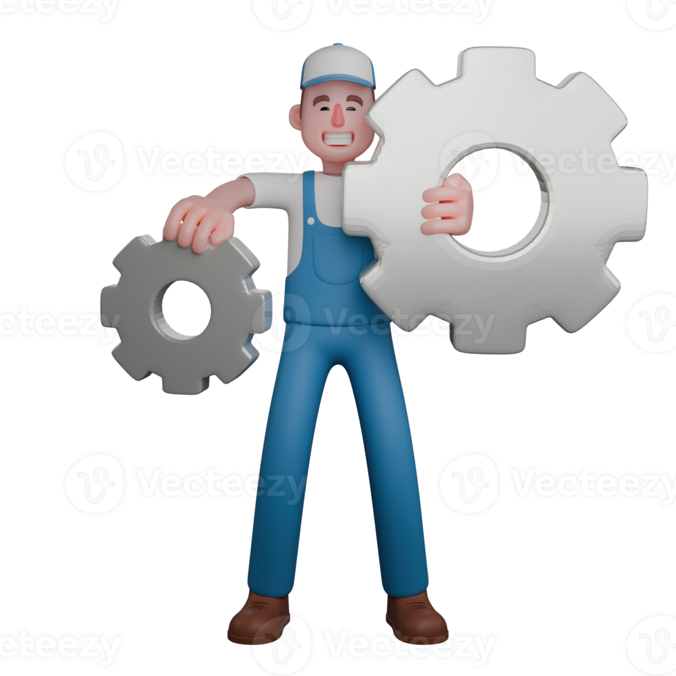 Fachmann männlich im 3d - - Mechaniker. ein Mechaniker ist Stehen mit seine links Hand Tragen ein groß Ausrüstung während seine richtig Hand trägt ein klein Gang. Karikatur png